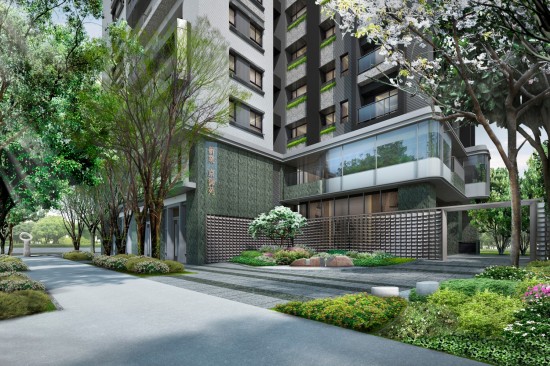 『新業(yè)京御苑』26層昂峰地標(biāo)，放眼能遠(yuǎn)眺山形，低迴可近收闊綠，桃源覓靜的入口，片片金屬瓦形景牆，彷彿風(fēng)吹水波粼粼，簡約意象鳥居，表現(xiàn)日式清逸的入口。