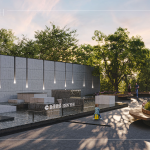 保留5F高的老樟樹、增植樹木，搭配曲線造型的街道家具，清水模牆面與錯落石景，呼應(yīng)著苗栗的山水景觀。(圖為 新業(yè)恆一 水瀑廣場3D示意圖)