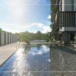 一池清淺水面曲橋，白日映雲(yún)、夜晚映月，循著曲橋向前，猶如走入畫中，一隅硯臺(tái)地景，一隅松姿倒影，無處不風(fēng)景。