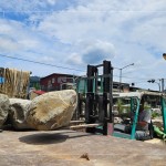 將挑選的石頭放上貨車，移至工廠用強力水柱清洗身體後，選個良辰吉時再入新厝，期待那天的到來。